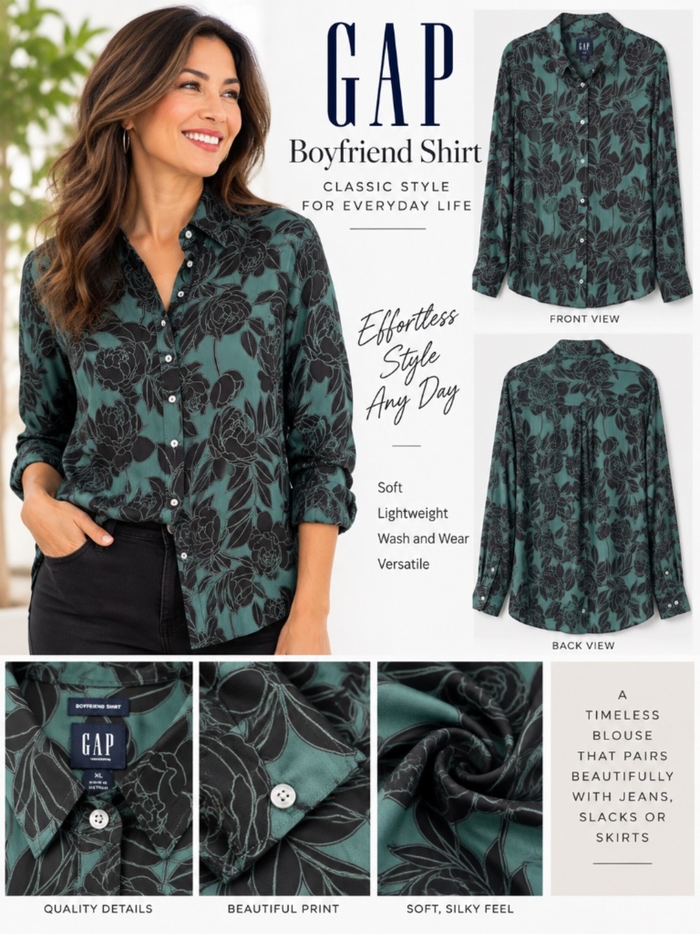 GAP Boyfriend Shirt XL Teal Black Floral Silky Button Front Blouse